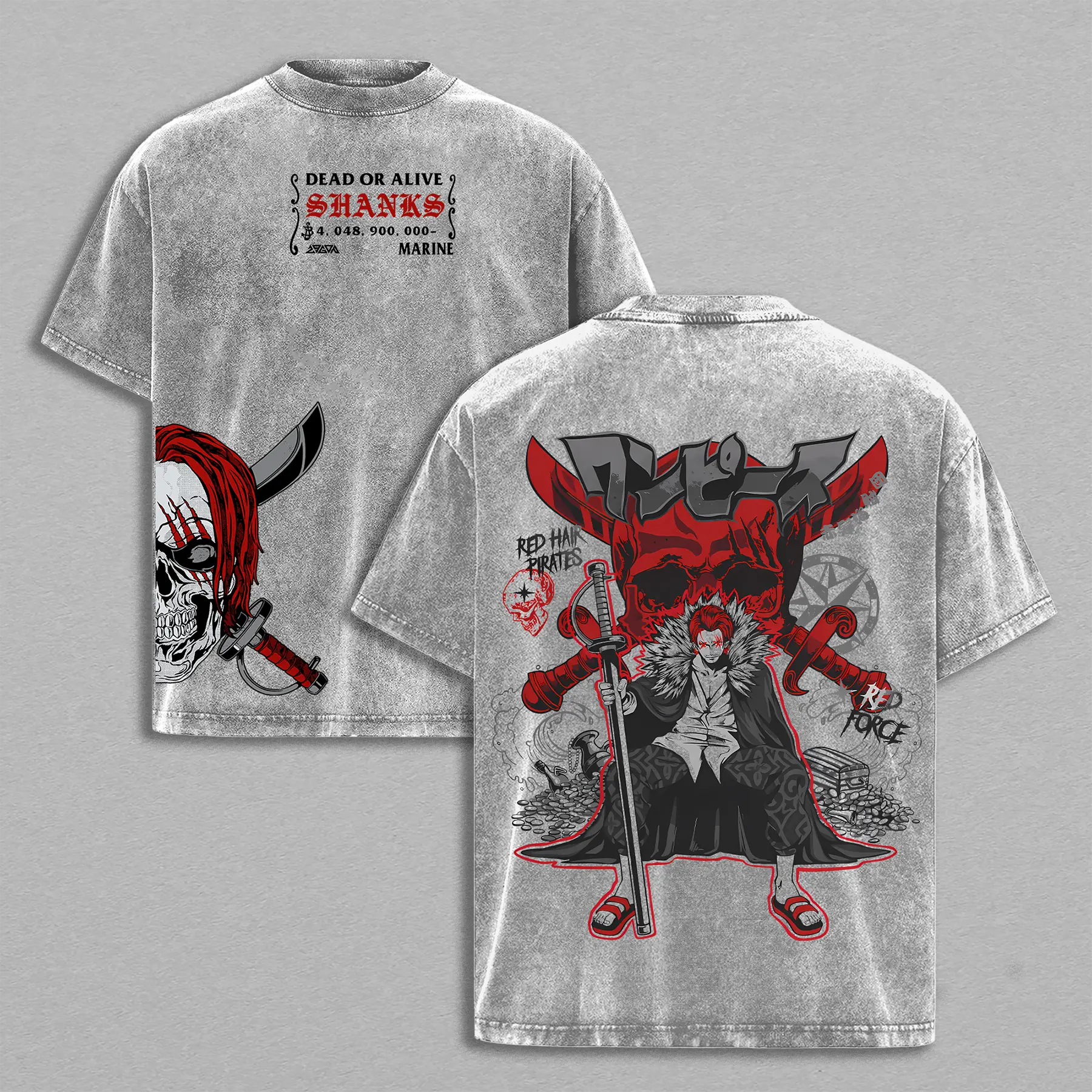 Red-Haired Shanks Oversized Tee, Washed Vintage One Piece T-Shirt, Double Printed Heavy Cotton T-Shirt, Pirate Anime Manga Top