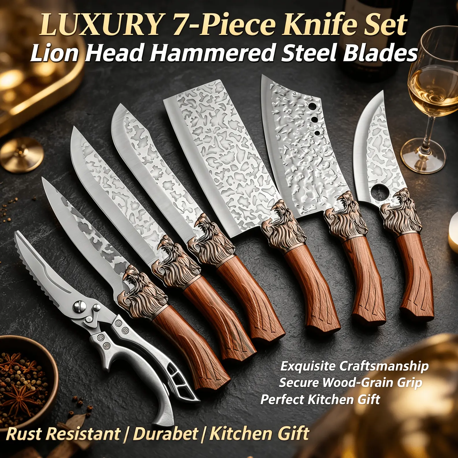 BIEZUMN 7-piece set, hand forged professional kitchen chef knife set, chef knife versatile, bone cutting knife, fish cutting knife, butcher knife ultra sharp chicken bone cutting, bone cutting, duck fish cutting, blade made of 403 stainless steel,