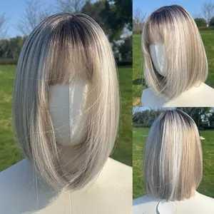 SMILCO/12Inch Ombre&Highlight Platinum With Grey&Blonde Short Straight With Bangs Synthetic Wig/SM433