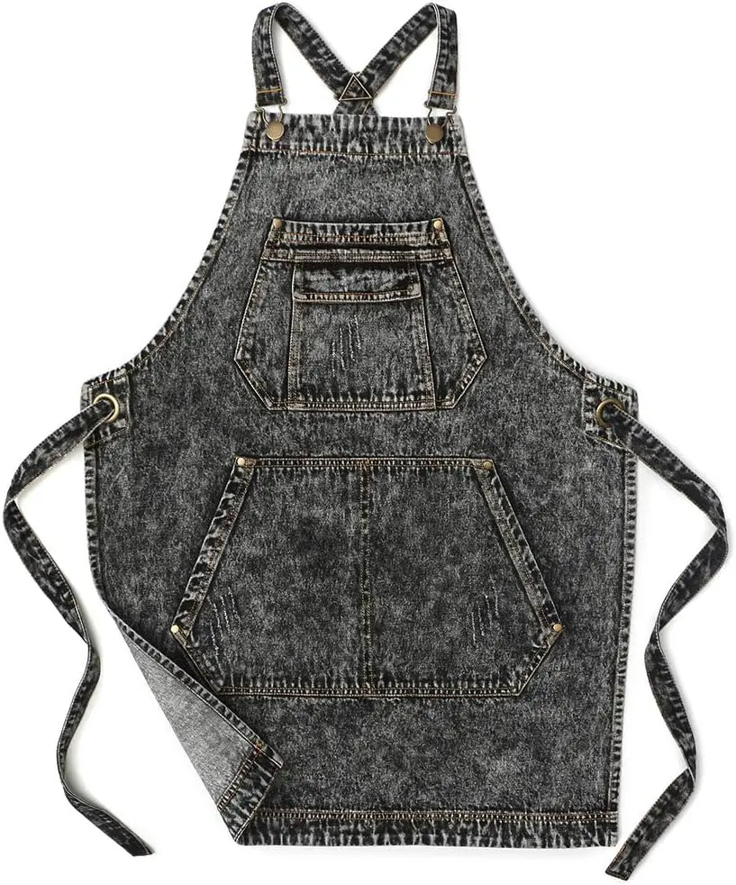 Jeanerlor - Denim Apron with Pockets for Hair Stylist Gardening Craftsmen Barista Women Hairdresser Jean Work Apron Cross Straps & Adjustable S to L (Black)