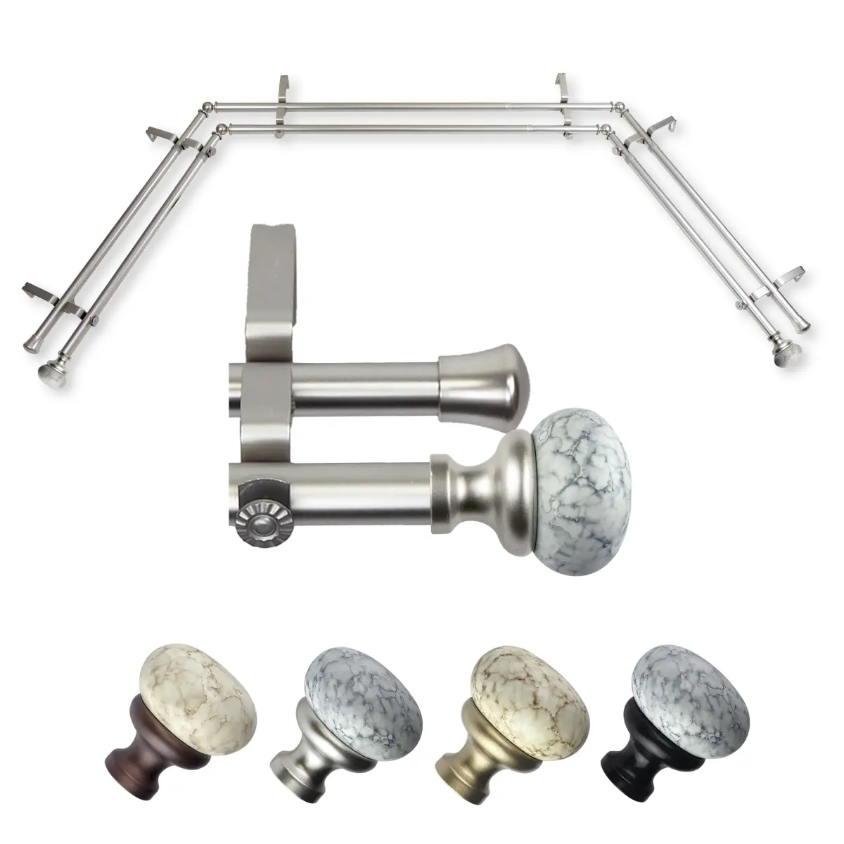 0.812 in. Dia. Satin Nickel Creola Style Double Curtain Rod - 8.6 lbs. Metallic Window Drape Hardware, Precision-Crafted, Elevates Bay Windows, Ideal for Elegant Drapes