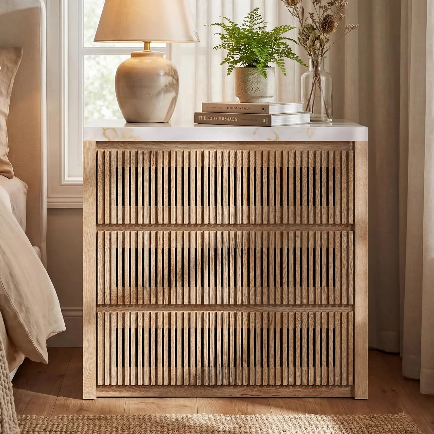 SIKAIC 31.5in Wide Oversized Fluted 3-Drawer Nightstand with Drawers, 27.6in Tall Slatted Thick Mid-Century Modern Wood Bedroom Bedside End Table, Modern Furniture, Room Decor