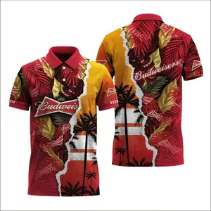 Budweiser Inspired Tropical Torn Paper Polo Shirt – Red Palm Leaf Beach Graphic Performance Polo, Summer Beer Theme Short Sleeve Golf Shirt, Breathable Athletic Casual Top for Men, Vacation Party Outfit, Beer Lover Gift