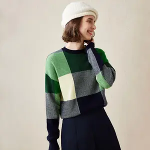 COMOBOCA 100% Cashmere Women's Color Block Plaid Sweater, Soft Figure Flattering Design for Cozy Winter Wear, Regular Fit