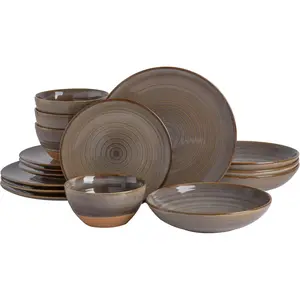 16 count Dreamweaver Double Bowl Terracotta Reactive Dinnerware Set - Earthy Brown, Service for 4 (16pcs)