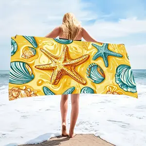 One Beach Towel in Yellow Featuring Vibrant Sea Creatures And Shells, Including Golden Teal Starfish And Striped Seashells, Designed with Oceanic Patterns. It Is Sand-Resistant, Soft, Lightweight, And Quick-Drying, Perfect for Beach Outings