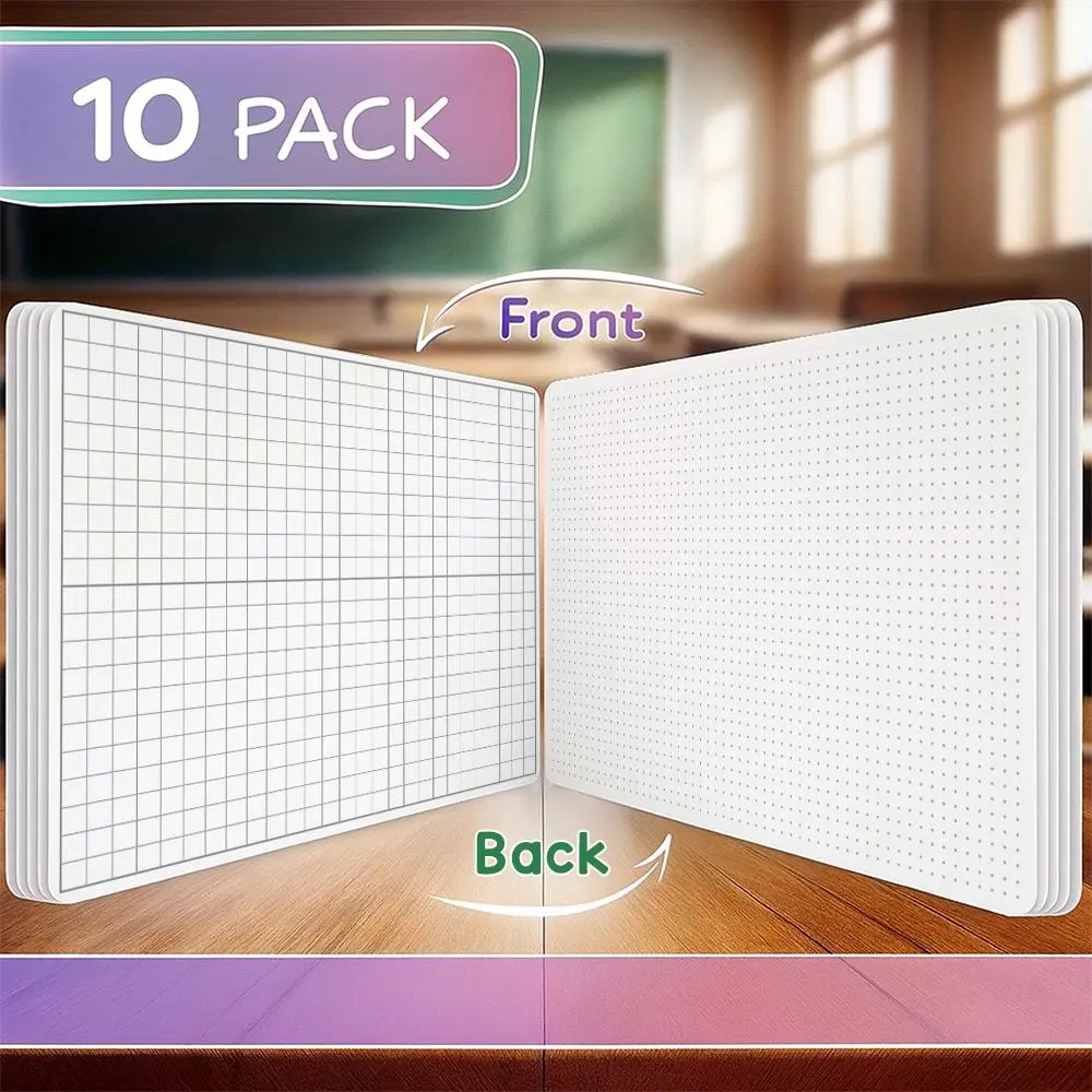 10-Piece Double-Sided Erasable Grid Whiteboard, Compact Size 21cm x 28.5cm (8.27in x 11.22in), Ideal for Math Drawing & Home Study, Office Stationery for Teachers, 10 Pieces