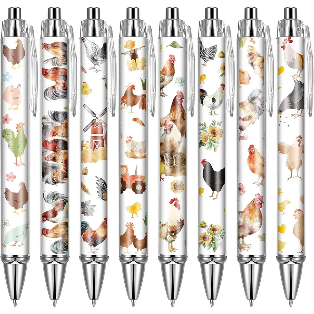 Cute Rooster Chickens Ballpoint Pens Set, Funny Teacher Pens, 8 Pieces Stationery Accessories, Ideal for School & Home Office Desk Planning, Perfect Gift for Her, Writing Stationery, Office Supplies