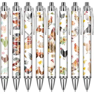 Cute Rooster Chickens Ballpoint Pens Set, Funny Teacher Pens, 8 Pieces Stationery Accessories, Ideal for School & Home Office Desk Planning, Perfect Gift for Her