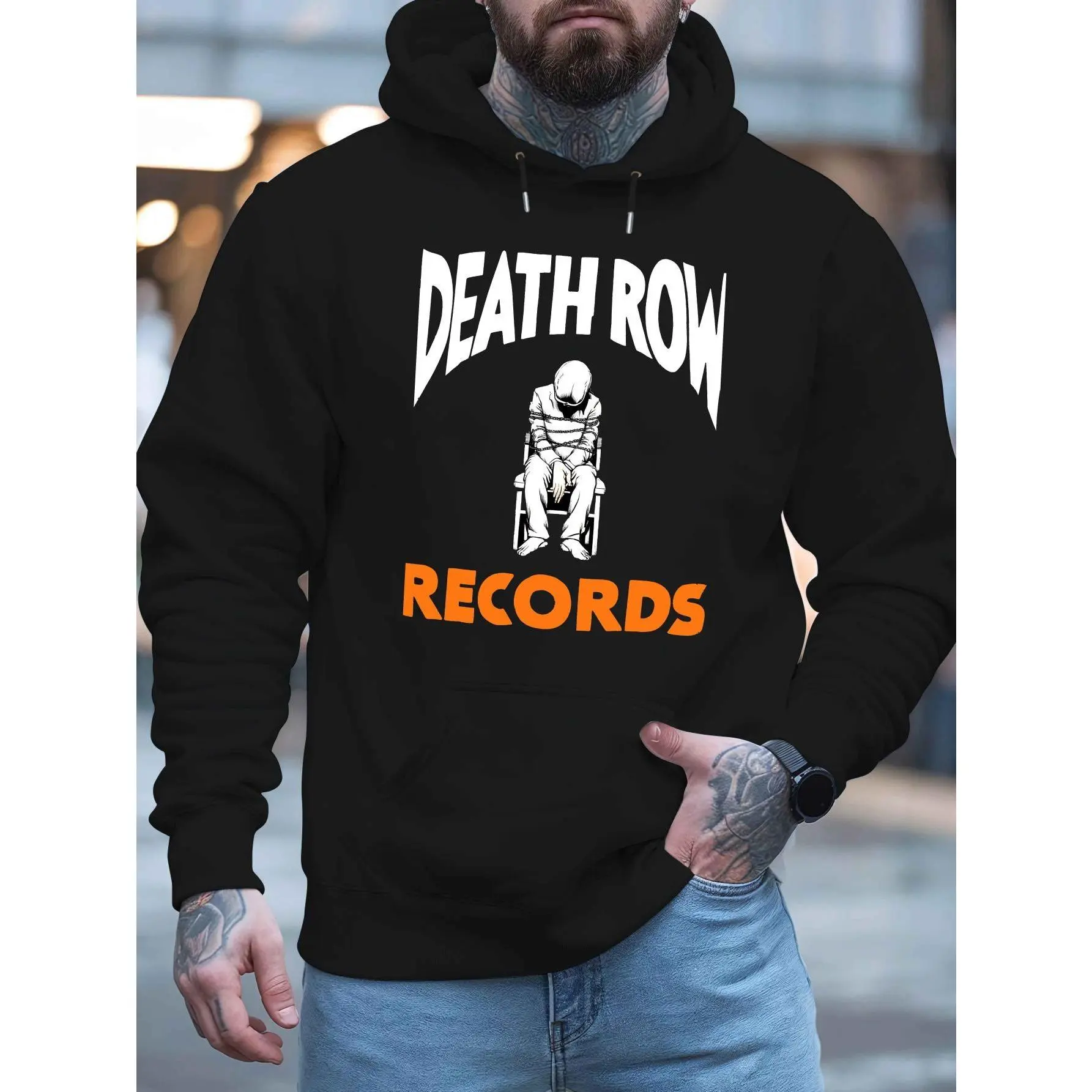 Death Row Records Men's Fleece Hoodie - Skull Print, Trendy Graphic Sweatshirt, Plus Size, Stylish Casual Wear 7FY