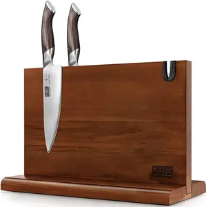 Magnetic Knife Block 14 x 10 Inches, Double Sided Magnetic Knife Holder Rack for Kitchen Counter, Acacia Wood Magnetic Knife Storage Stand with Knife Sharpener
