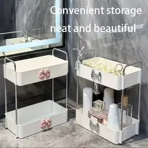 Two-Layer Makeup Storage Box with Rabbit Bow Decor, Multifunctional Bathroom Organizer, Compact Space-Saving Design, Perfect Gift