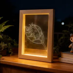 Ladybug Night Light Picture Frame - Wooden LED Photo Frame with Bug Insect Design, Acrylic Glow Art for Bedroom Decor, Warm Gift for Her/Him, Home Desk Ornament
