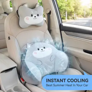 Ergonomic Travel Neck Pillow & Dual-Purpose Set, Cooling Ice Silk Car Seat Cushion with Cute Cartoon Headrest, Lumbar Support for Back Pain Relief, Driving Use, Travel Neck Pillows
