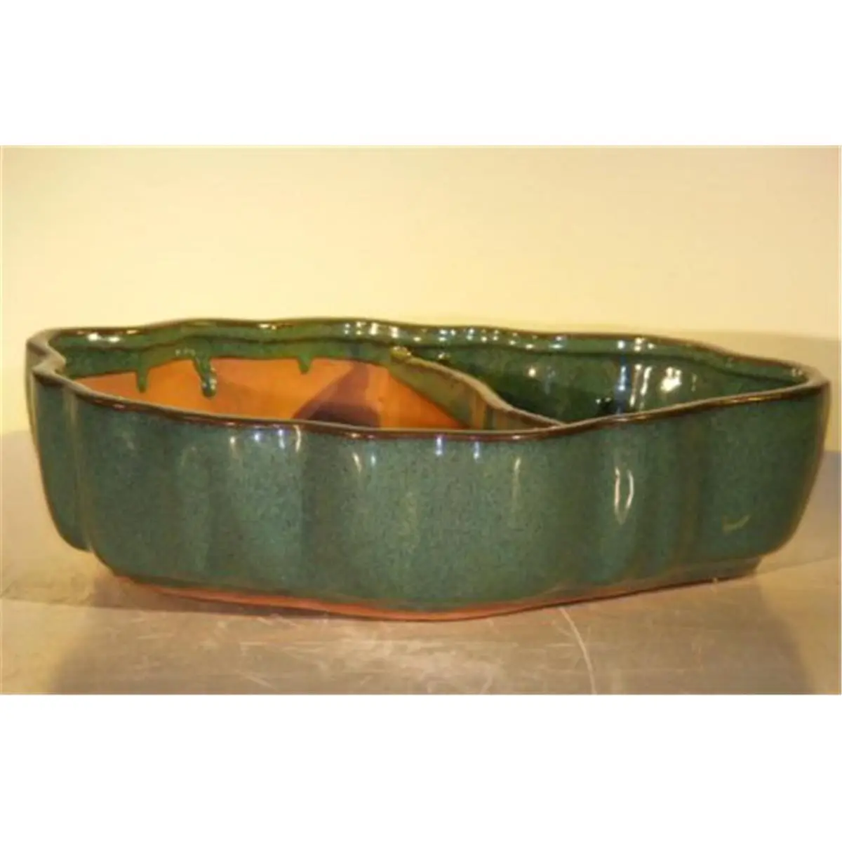 Bonsai Boy L275B Glazed Flower Pot - 9.5x7.5x2.25 in. Ceramic Bonsai Pot, Scalloped Edges, Land & Water Divider, Blue & Green, Glazed Flower Pots