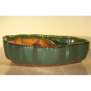 Bonsai Boy L275B 9.5 x 7.5 x 2.25 in. Ceramic Bonsai Pot with Scalloped Edges - Land & Water Divider, Blue & Green