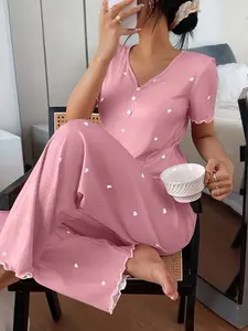 Spring Summer New Heart Print Women's Pajama Set, V Neck Front Button Design, Elastic Fabric, Comfortable Breathable Soft Skin-Friendly
