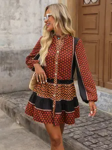 Boho Mini Dress - Colorblock Ruffle Hem Long Sleeve Homecoming Dress