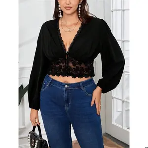 Cropped Lantern Decorated Lace Size é Priv tiktok Plus Sleeve Blouse