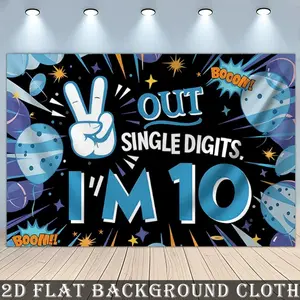 2D Flat Banner Polyester Photography Backdrop, HD Digitally Printed Soft Lightweight Foldable Black and Blue 10th Birthday Theme Background Cloth for Birthday Party Decorations, Photo Booth Props, Studio Photography, and Event Bac
