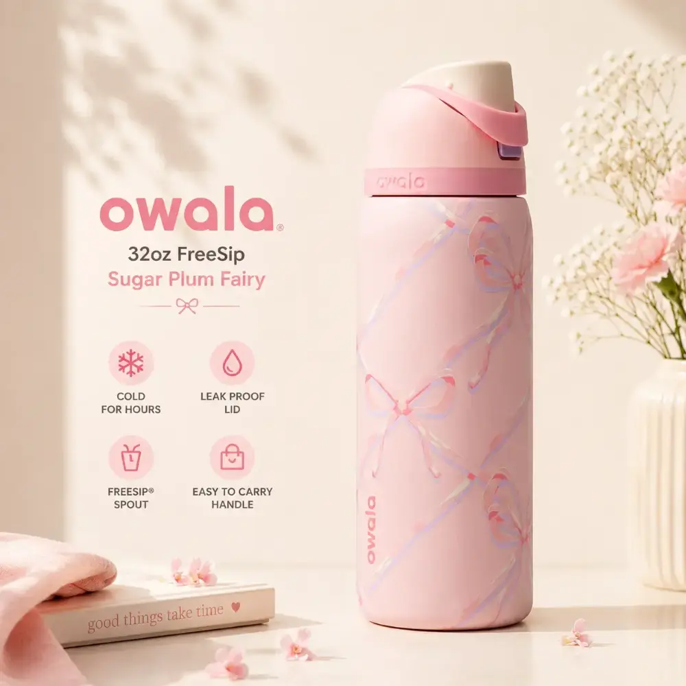 Owala 32oz FreeSip Sugar Plum Fairy Water Bottle – Leak Proof Insulated Stainless Steel Tumbler, leakproof waterbottle, insulated bottle