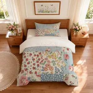 Patchwork Floral Duvet Cover Set, 2/3 Pieces (1 Duvet Cover + 1/2 Pillowcases, No Comforter or Pillow Insert Included), Cottagecore Vintage Style, Soft & Breathable Bedding, Ideal for Girls & Farmhouse Lovers Bedroom Decor