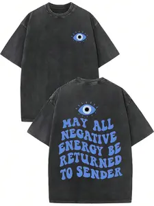 1pc Men's Evil Eye Graphic T-Shirt May All Negative Energy Be Returned to Sender Print Acid Wash Heavyweight Cotton Oversized Streetwear Tee