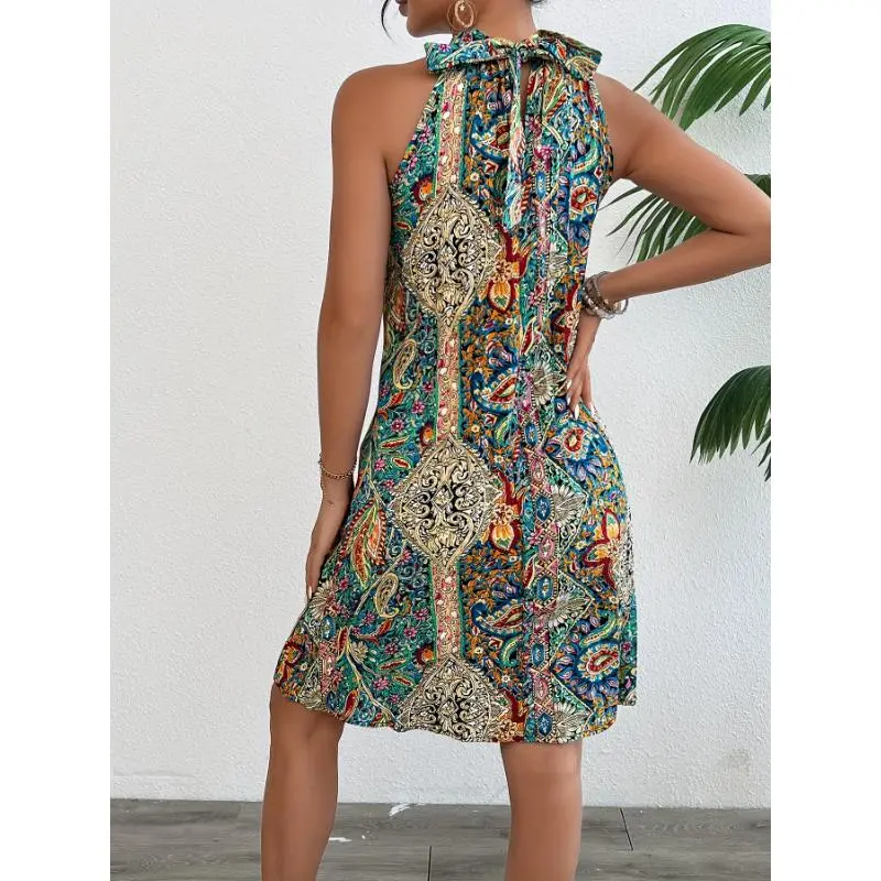 Floral Print Pleated Dress, Elegant Sleeveless Dress For Summer, Women's Clothing Loose Midi Flowery Backless Mini white  dress  girl shein body con summer  outfits prom chain decor Renaissance Lace-Up drop  waist  gown