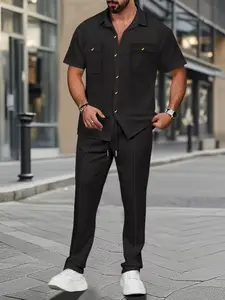 Men's Summer New Solid Color Fitted Button Pocket Shirt and Long Pants Set, Casual Fashion Two-Piece for European and American Style