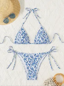 Two-piece Set Women's Striped / Floral Print Bikini Set, Casual Fashion Chic Swimwear Set for Beach Holiday Vacation, Ladies Swimsuit for All Seasons