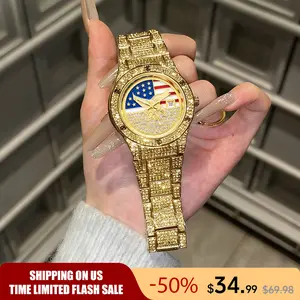 Iced Out Gold US Flag Eagle Watch Diamond Quartz Watch Luxury Stainless Steel Wristwatch Unisex Waterproof Analog Watch Gold Tone Bracelet Watch Statement Wristwatch Durable Metal Band Watch Casual Daily Wear Watch Gift for Men Women Flash Sale