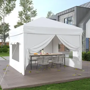 Quick Pop Up Canopy Tent 10x10FT – 4 Removable Sidewalls, 3 Adjustable Heights, Sandbags, Carry Bag, Outdoor Sun Shelter for Backyard, Parties, Events, Commercial Use – White