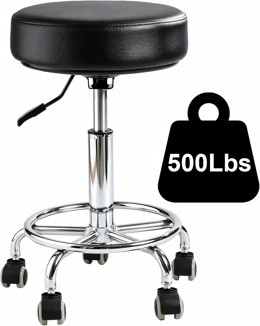 LIMKOMES 500lb Heavy-Duty Rolling Swivel Stool with 9.5cm Thick PU Leather Comfort Cushion, Height Adjustable, Silent Casters, Foot Pedal Ring for Salon, Office, Home