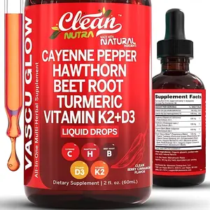 Clean Nutraceuticals Cayenne Pepper, Hawthorn, Beet Root,Turmeric, Vitamin D3 K2 & More for Wellness Liquid Drop – Vascu Glow