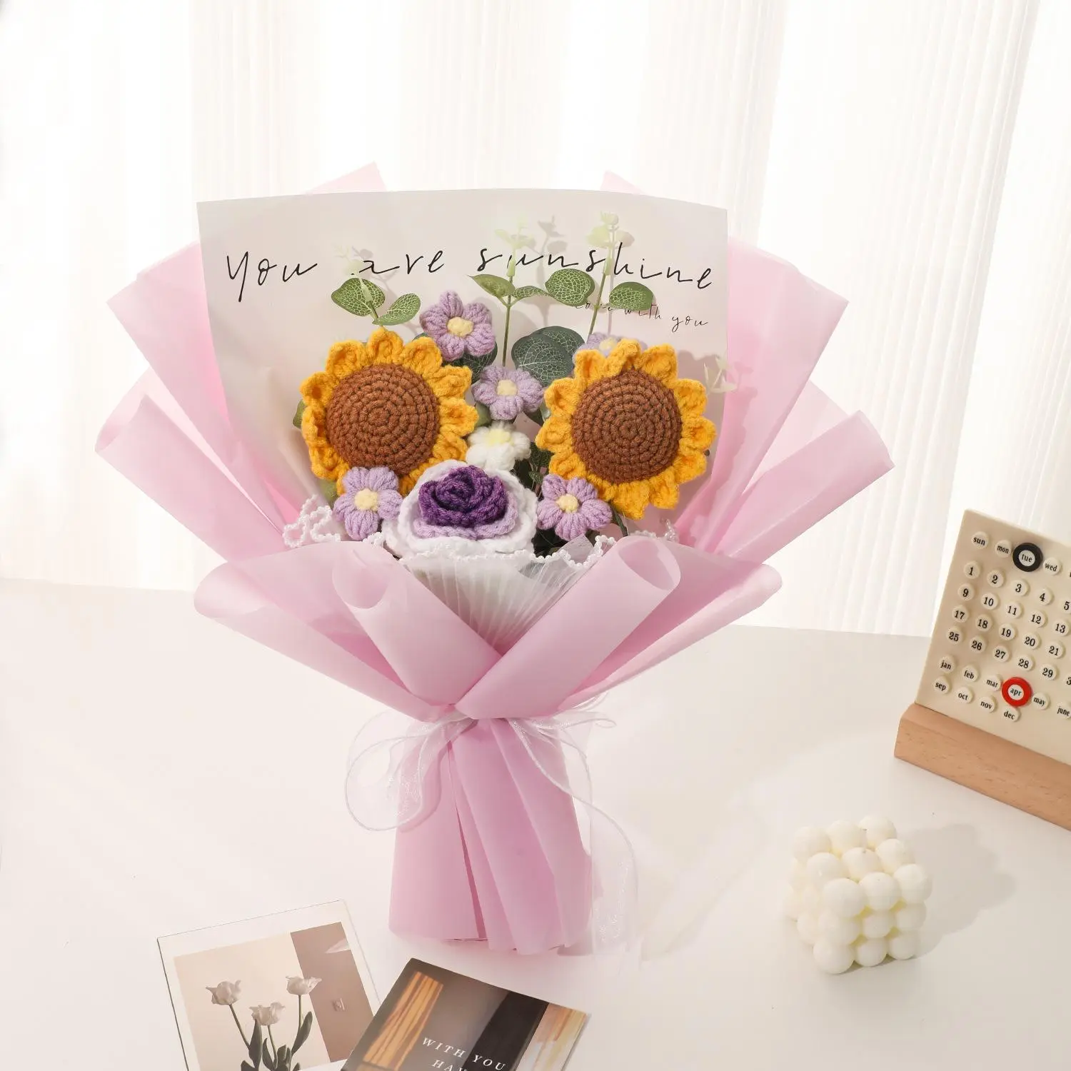 Crochet Sunflower Rose Fluffy Bouquets, Handmade Crochet Bouquet, Decorative Bouquet, Artificial Flowers, Artificial Flower Decorations, Handcrafted Birthday Anniversary Graduation Gifts, Home Decoration, Fruit