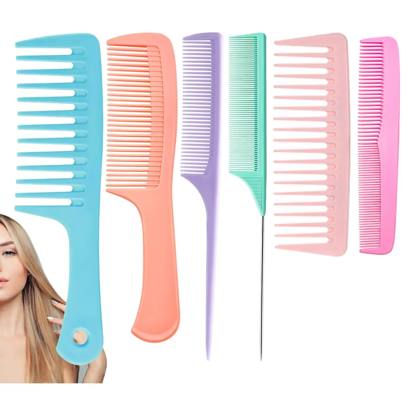 Hair Combs for Women Men 6 PCS Comb Set Includes Large Wide Tooth Fine Tooth Rat Tail Combs for Detangling Styling Wet Curly Thick Thin Hair