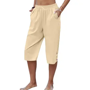 Women's Summer Capri Pants Elastic Waist Drawstring Cropped Trousers with Pockets, Button Detail Loose Fit Lightweight Trousers