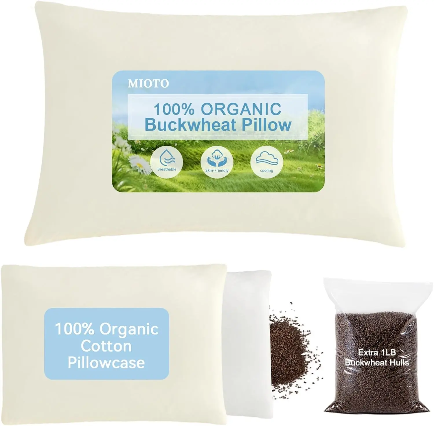MIOTO Organic Buckwheat Pillow for Sleeping with Extra Cotton Pillowcase and Tartary Buckwheat Hulls, Adjust Height and Firmness, Neck Support Pillow for Back and Side Sleepers 20"x26"