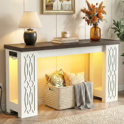 ISUNIRM 47" Farmhouse Wooden Console Table - Rustic Hallway Table with Colorful LED Lighting, USB Ports, Outlet, Smart Charging, Floor-Safe Pads, Anti-Tip Kit, Includes Hardware, Living Room Decor for Living Room, Entryway