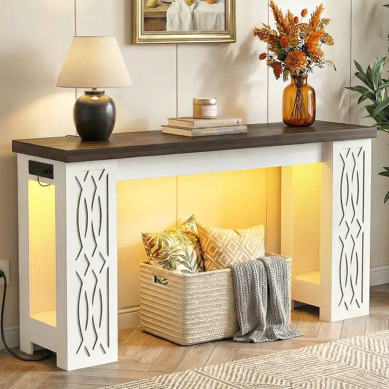 ISUNIRM 47" Farmhouse Wooden Console Table - Rustic Hallway Table with Colorful LED Lighting, USB Ports, Outlet, Smart Charging, Floor-Safe Pads, Anti-Tip Kit, Includes Hardware, Living Room Decor for Living Room, Entryway