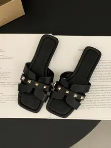 New Women's Metal Rivet Slip-On Sandals, Plain PU Leather, Lightweight Breathable Comfort, Summer Casual Walking Shoes