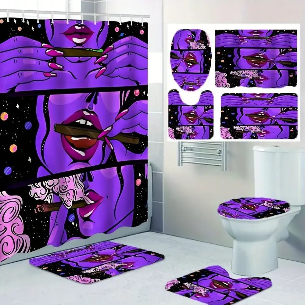 Bathroom Curtain & Bath Mat Set (4 Counts/set), Including Shower Curtain with Hooks, Toilet Lid Cover, Restroom Bathroom Mat & U-shaped Bath Mat, Shower Curtain Sets, Bathroom Decoration Accessories