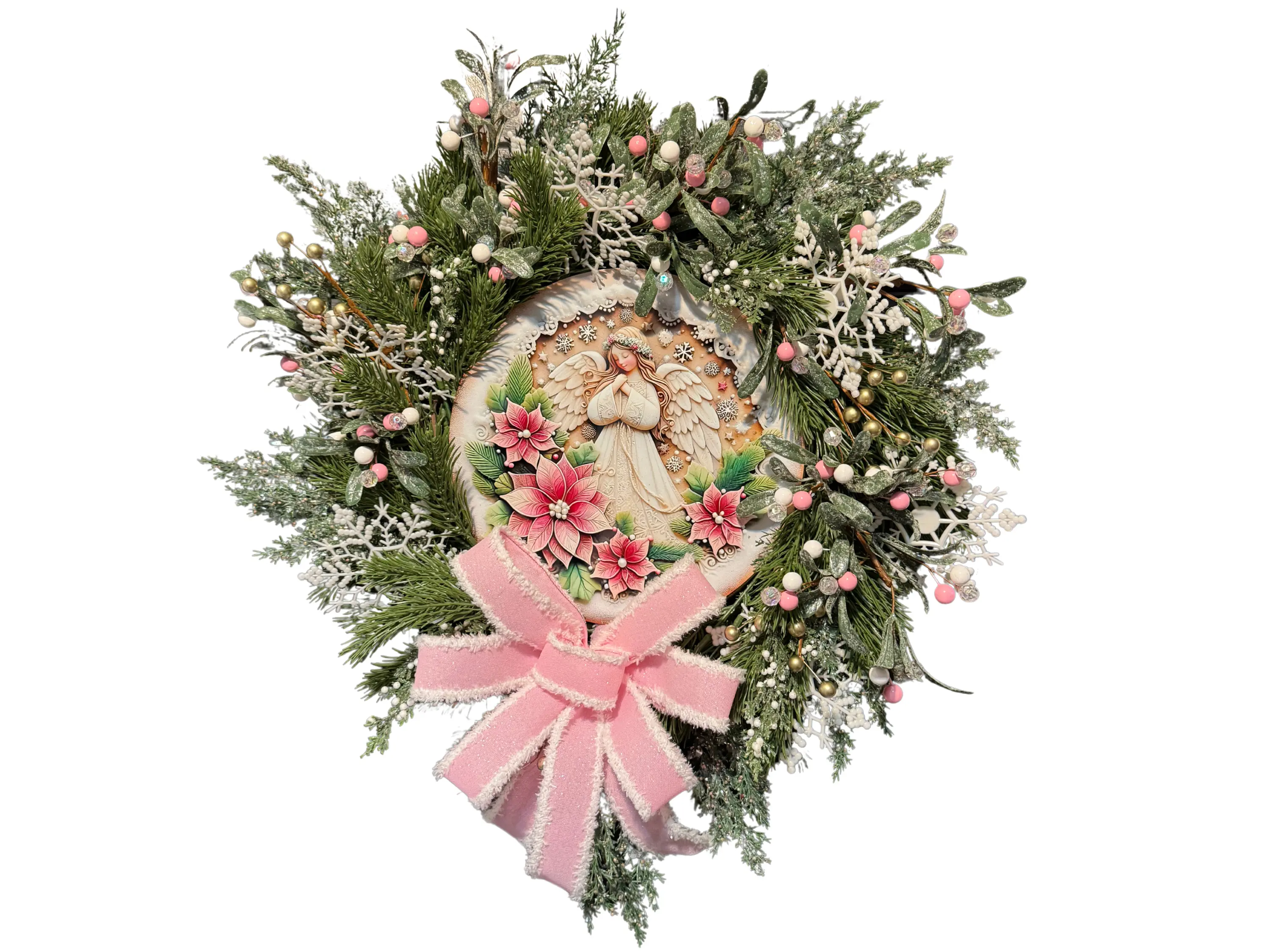 Angel Christmas Wreath with Pink Bow, Winter Holiday Door Decor, Angel Wall Wreath, Religious Christmas Wreath