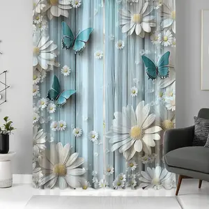2pcs Beautiful pattern of white daisies and blue butterflies Print Curtains, Half-Transparent Polyester, Fade Resistant, Hand Washable, Home Decor, Window Curtain, Home Decoration Curtain