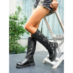 Women's Brown Leather Knee-high Boots, Casual Trendy Round-toe Boots, Comfortable Thick-soled Boots, Versatile Mid-heel Boots, Fashionable Daily Wear Boots, Female Stylish Footwear, Chic Shoes, Modern Boots, All-match Boots, Trendy Footwear