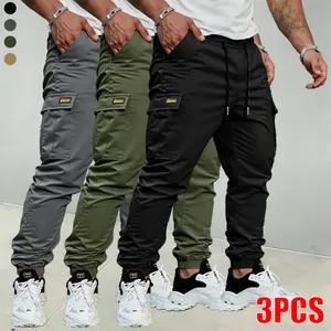 Set of 3 men’s cargo pants—breathable, lightweight jogger/cuffed pants for casual everyday wear; suitable for spring and summer daily wear and outdoor exploration; ideal for pairing with outdoor casual outfits.