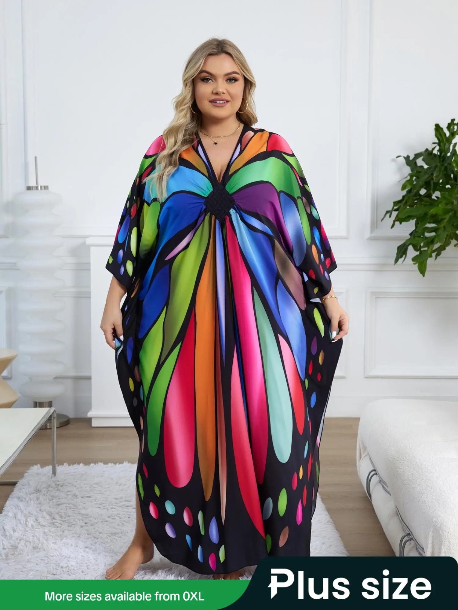 【Plus Size】Butterfly / Feather Print Ruched Split Hem Tunic Dress, Chic Maxi Dress, Casual Womenswear, Gift, Homecoming Dresses, Women's Clothes for B