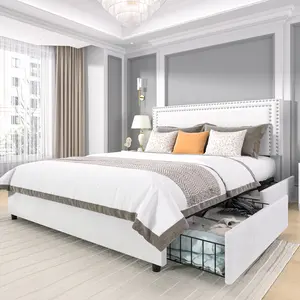 VECELO Upholstered Queen Platform Bed Frame with 4 Storage Drawers and Headboard, Double Row Riveted Sewn Headboard, Mattress Base with Wood Slat Support, No Box Spring Required, Stylish Contemporary Style Bed Frame, Black Beige Pink