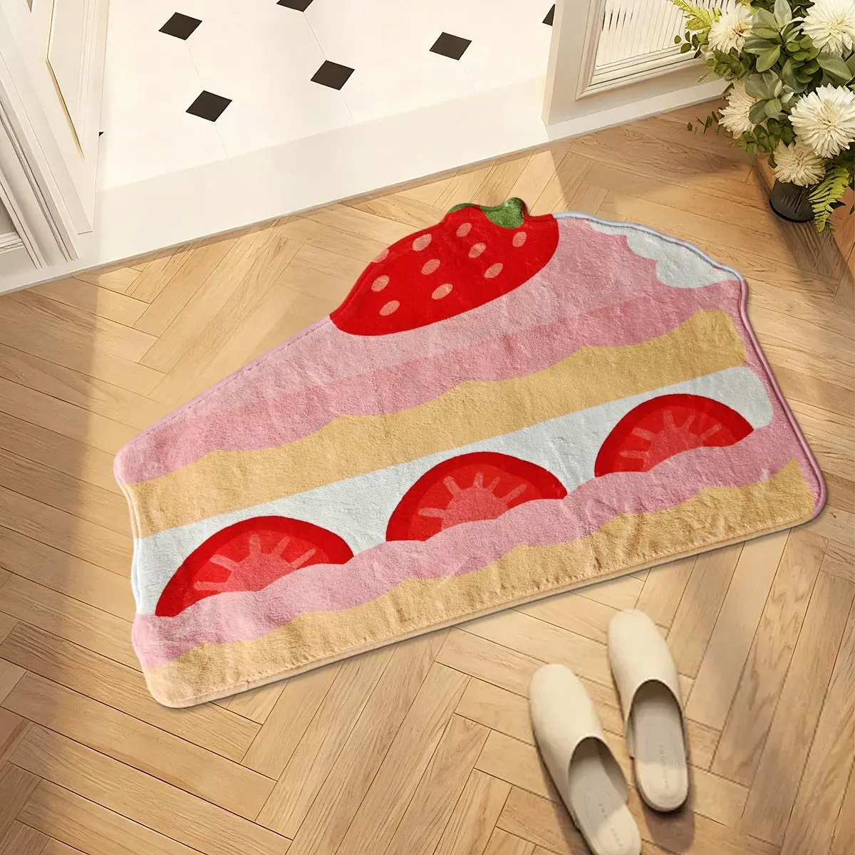 Strawberry Cake Slice Plush Rug, Girls Bedroom Bedside Decorative Mat, 0.8cm Premium Faux Wool Material, Elegant Style