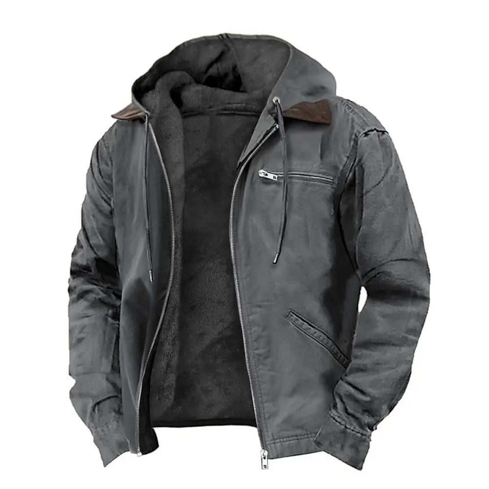 Men’s fleece lined canvas work jacket with hood, thickened trucker jacket for men, warm winter practical outerwear with multiple pockets, casual streetwear outerwear